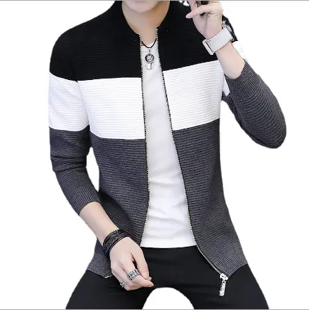 Autumn crew neck new style long sleeve stripe knitted man zipper cardigan