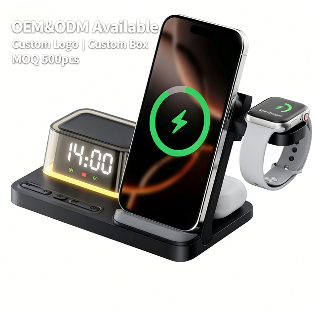 JEDI OEM Custom 4 in 1 Wireless Charging Station Alarm Clock Private Label Fast Charger with Night Light