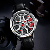 Montre pour homme, design jante de roue, boîtier doré, bracelet en acier inoxydable rouge, style sport racing