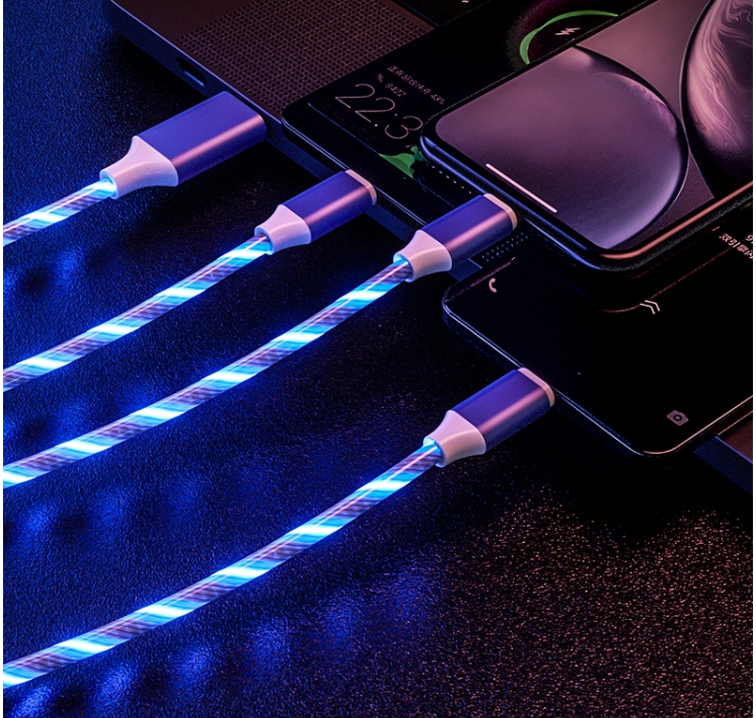 Fast Charging Cable 3 IN 1 Type C 3A LED Colorful Charging USB Cable Lightning Flashing Cable