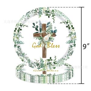 <span class=keywords><strong>Vaisselle</strong></span> <span class=keywords><strong>jetable</strong></span> en papier à motif bois pour baptême et communion : assiettes, gobelets, serviettes, drapeaux suspendus, salvia officinalis, eucalyptus - Product Image 3