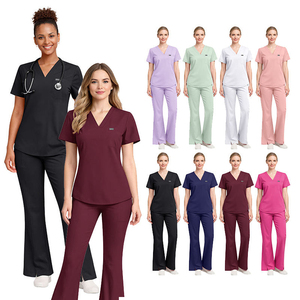 Nouvelle Arrivée : Ensembles d'uniformes médicaux extensibles 4 directions pour femmes, avec col en V et <span class=keywords><strong>pantalon</strong></span> évasé, pour le personnel <span class=keywords><strong>médical</strong></span> et les salons de beauté - Product Image 3