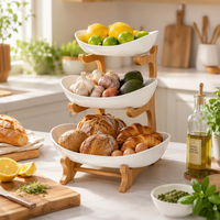 Support de service en bambou à 3 niveaux avec bols en céramique, bol à fruits, plateau à collations, présentoir à desserts pour table à manger