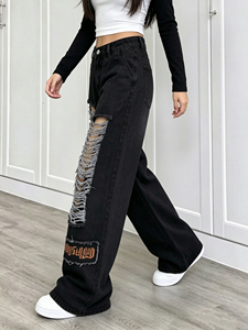 Women High Waist <strong>Black</strong> Washed Ripped <strong>Wide</strong> <strong>Leg</strong> Jeans Gothic Letter Patch Distressed Fringe Denim <strong>Trousers</strong> - Product Image 4