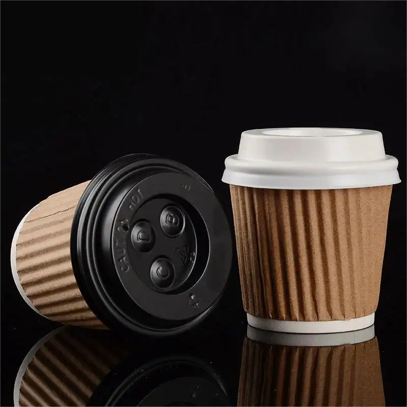 Vendita calda doppia parete biodegradabile personalizzato Ripple tazza di carta con coperchi di carta artigianale usa e getta caffè imballaggio