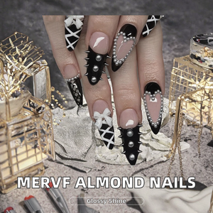24 <span class=keywords><strong>Uñas</strong></span> Postizas Almendradas Medianas <span class=keywords><strong>con</strong></span> Punta Francesa Negra, Diseño Gótico de Corazón y Lazo, Estilo Stiletto Gyaru, Acrílicas, para Pegar - Product Image 3