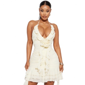 เดรสปาร์ตี้ลำลองสำหรับผู้หญิง คอวีลึก แต่งระบาย จับจีบ ซิปหลังแบบซ่อน ดีไซน์เฉพาะตัว - Product Image 1