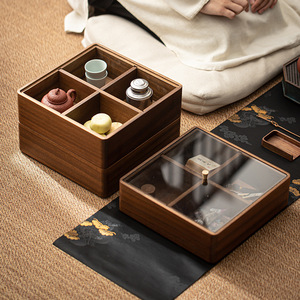 Caja de Almacenamiento de Madera de Nogal con Cuatro Compartimentos, Doble Capa, para Dulces, Frutas y Nueces, Rectangular, de Color Sólido, Tipo Decorativo - Product Image 1