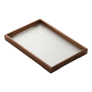 Rectangular Glass <b>Tea</b> Tray With Walnut Wood Frame Retro Style For Home Coffee Snack Use - Product Image 5