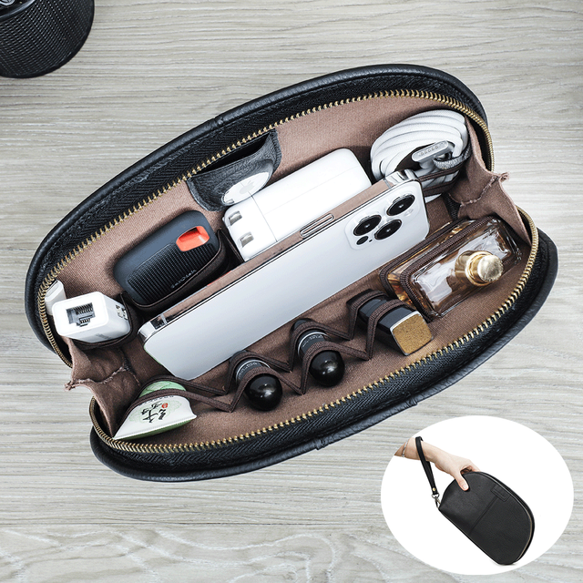 Custom Leather Travel Tech Pouch Cable Organizer Bag for Women Ladies Wristlet Hand Pouch with Multi-Sections for Cable Lipstick