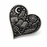 Logo en métal moulé sous pression émaillé dur, personnalisé, moderne, motif livre de sorts hibou en forme de cœur, thème mystique fantastique, pour fabricant