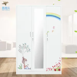 Metal Home Wardrobe 3-Door Steel Storage Cabinet with Flower Print Living Room Bedroom Furniture Closet Almirah Clothes Items