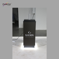 Mostrador plegable de exhibición de aluminio, acrílico y vidrio, con postes de aluminio, para stand de feria comercial, duradero, alto y con mesa tipo podio.