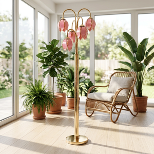 Lámpara de Pie Botánica Moderna con Pantallas de Vidrio Tintado en Rosa y Base Dorada Electrochapada - Product Image 5