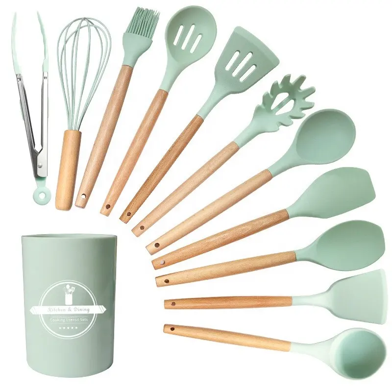 Venta caliente antiadherente 12PCs Set Utensilios de cocina de silicona con mango de madera