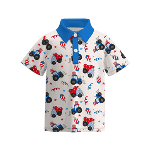 Polo Casual con stampa a quadri blu per bambini Top estivo a maniche corte per bambini per il giorno dell'indipendenza July 4a vacanza lavorato a maglia - Product Image 4