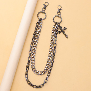 โซ่คล้องกางเกงโลหะสองชั้นพร้อมจี้รูปกากบาทและหัวกะโหลก  เครื่องประดับยีนส์สไตล์พังก์สำหรับทุกเพศ  โซ่คาดเอวโลหะผสมสังกะสี - Product Image 4