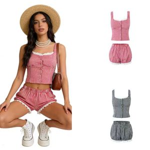 Women's Casual Button-Up Cotton Tank Tops and Shorts with Shoulder <b>Strap</b> and Plaid Pattern - Product Image 1