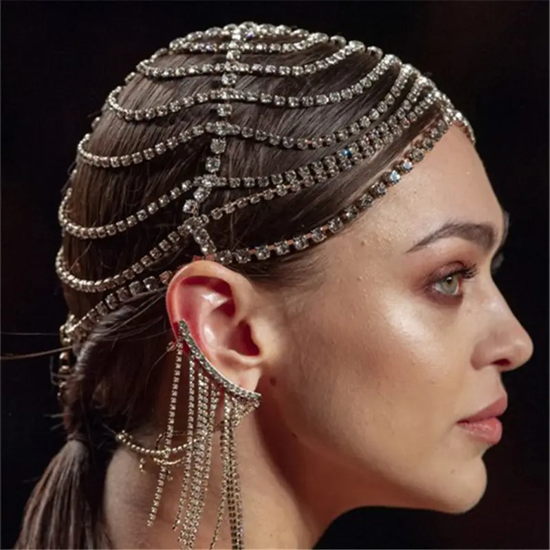 Long Tassel Rhinestone Head Chain Headwear for Women Crystal Wedding Hair Accessories Bridal Headband Jewelry