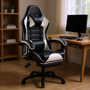 Chaise de jeu ergonomique en cuir PU noir et blanc, chaise de bureau avec support lombaire et fauteuil inclinable pivotant à 360 degrés - Product Image 2