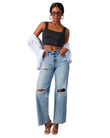 YUANBOFEI Jeans personnalisés de haute qualité, coupe droite, délavage vintage, patchwork déchiré, ourlet brut, pour usage quotidien