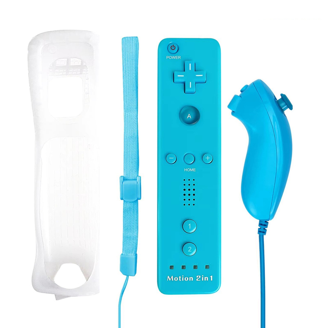 Wireless Remote Joystick Gun for Wii U Includes Motion Plus and Nunchuck Controllers Blue Color