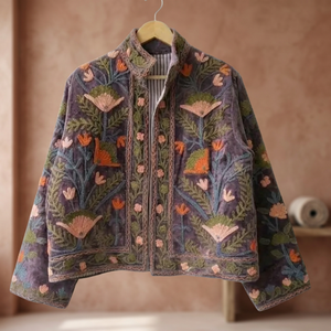 Handcrafted Unisex Floral Embroidered Velvet Bomber Jacket Breathable Cotton Lining Vintage Front Open Short <b>Coat</b> Ethnic Winter - Product Image 3