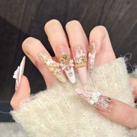 Faux ongles à presser pour femmes, nude, or, paillettes, longs, forme cercueil, flocon de neige, ours, nœud, perle, pour Noël et les fêtes d'hiver
