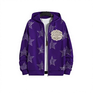 Fabricant de sweats à capuche oversize avec broderie vieillie, strass, fermeture éclair, effet délavé à l'acide et délavé à la pierre, style vintage, MOQ 10, vente en gros - Product Image 1