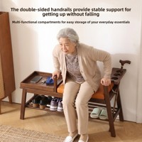 Tabouret moderne en bois massif pour la remise de chaussures, avec accoudoirs et rangement, idéal pour les maisons de retraite, les établissements de soins aux personnes âgées et les entrées de maisons.