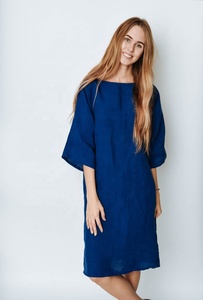 Ensemble décontracté en lin pour femmes, nouvelle Collection de vêtements, couleur bleue, droit, ample, longueur aux genoux, robe confortable, été, - Product Image 3