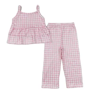 2024 latest fashion style girls summer suit sleeveless pink halter top plaid trousers design spring summer suit