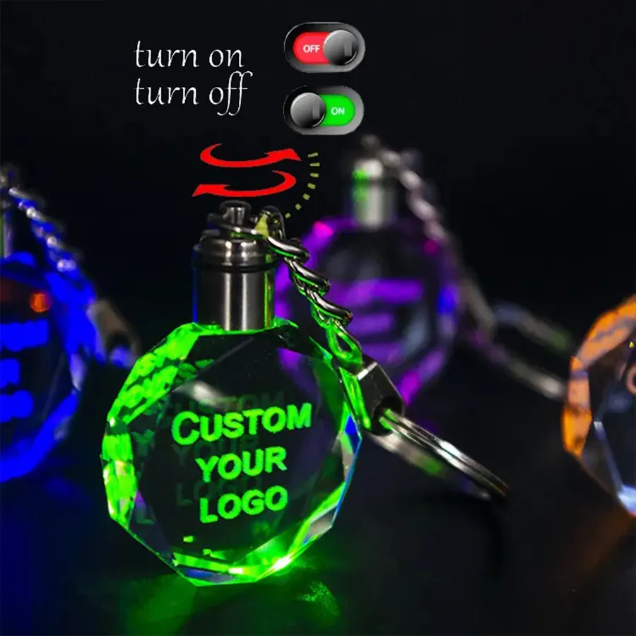 พวงกุญแจคริสตัลไฟ LED ประดับ3D สีสันสดใสพวงกุญแจแฟนซีออกแบบโลโก้ได้ตามต้องการแบบแฮนด์เมด
