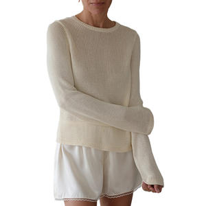 Venta al por mayor de suéter de punto de las mujeres personalizadas 100% de algodón de cuello redondo de punto abierto Casual Preppy de alta calidad de color sólido con estilo de uso diario - Product Image 2