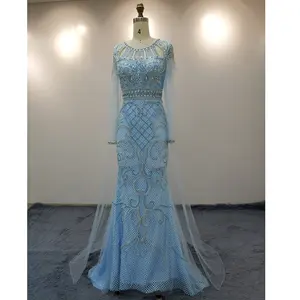 Blue/Pink/Coffee Color Mermaid Designer Women's Evening Dresses Long Sleeve Crystal Lady Prom Gowns