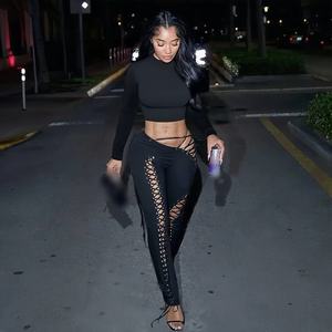 GHH10274- 2025 Осень-Зима Новый женский Топ с длинным рукавом сексуальный ажурный облегающий комплект из двух предметов на бретельках - Product Image 1