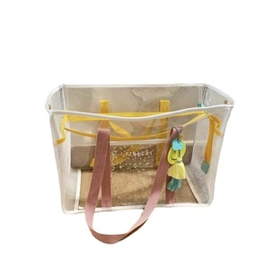 Mesh Tote <b>Bag</b> with for Handles and Yellow Trim Open Top Zipper Closure Striped Pattern <b>Medium</b> <b>Size</b> Unisex Beach Accessory - Product Image 1
