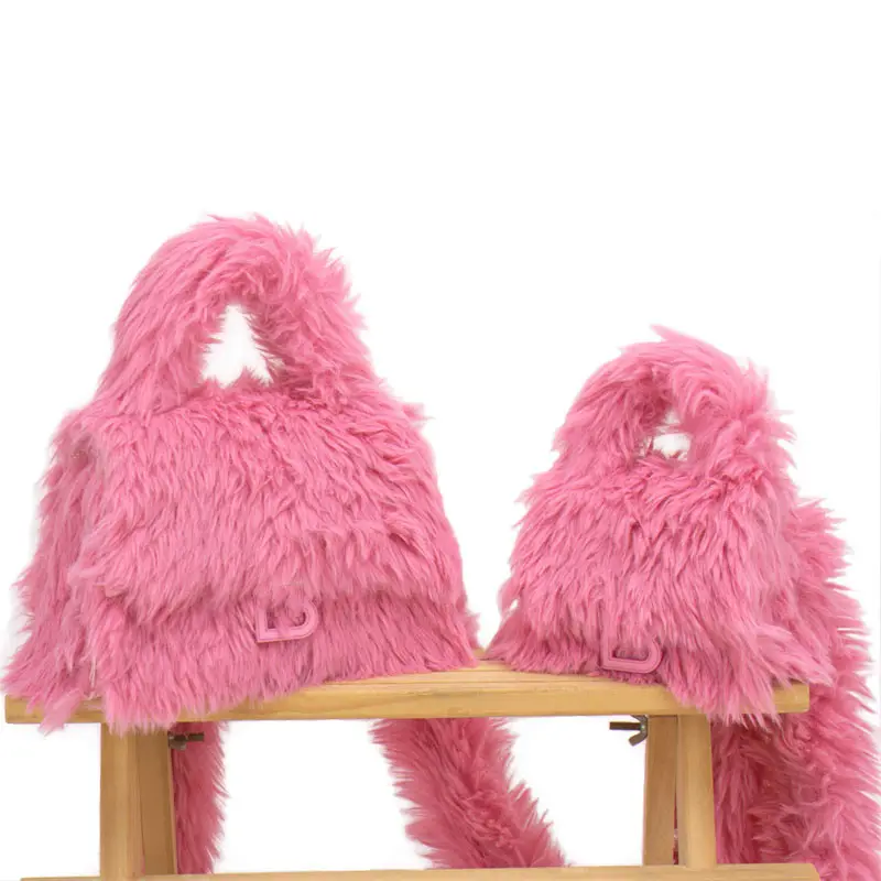 IDOIT tas tangan bulu bahu merah muda tas tangan berbulu lucu manis dua ukuran putri ibu modis musim dingin dan dompet