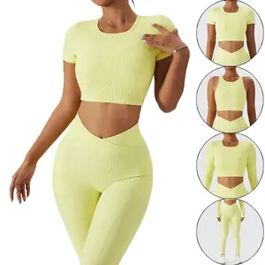 4PCS Thread Sport Set Mulheres Pure Color Top Crop T-shirt Bra Legging Sport terno Workout Outfit Fitness Active Wear Yoga Gym Sets