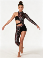 Justaucorps de gymnastique asymétrique à manches longues pour filles, imprimé zèbre métallisé, taille découpée, pour la compétition et la danse contemporaine jazz