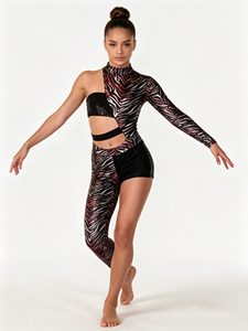 <span class=keywords><strong>Costume</strong></span> da Ginnastica per Ragazze, Asimmetrico a Maniche Lunghe, Stampa Zebrata in Lamina, Vita Tagliata, per Competizioni di Danza Contemporanea e Jazz - Product Image 1