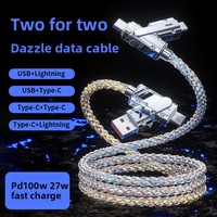 Kabel Data Pengisian Cepat 4in1 Warna-warni dengan Lampu RGB Gradasi / Konektor Micro USB/Type-C Kabel Pengisian Multifungsi