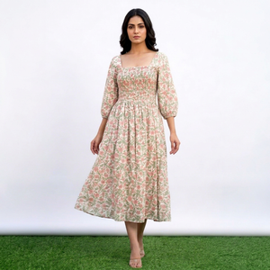 Vestido Maxi Floral con Cuello Cuadrado, Estilo Bohemio, Ecológico, 100% Algodón, Lujoso, Veraniego, Modesto, Dulce, Bonito, Transpirable y Lavable para Mujer - Product Image 1