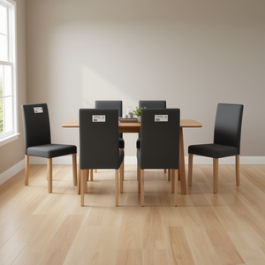 Set di 6 sedie da pranzo in tessuto grigio scuro, design ergonomico standard, gambe in legno, mobili moderni per la casa - Product Image 2
