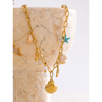 JINYOU 1574 Bijoux en acier inoxydable exquis pour les vacances d'été, style océan, pendentif étoile de mer et coquillage, collier et bracelet faits à la main