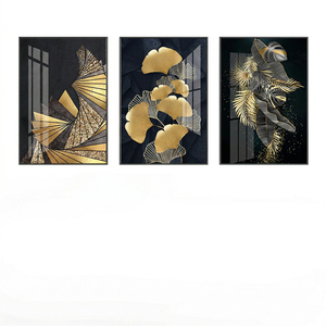 Ensemble de 3 tableaux muraux en toile à feuilles d'or, peinture botanique abstraite moderne noir et or, décoration de luxe pour salon - Product Image 1