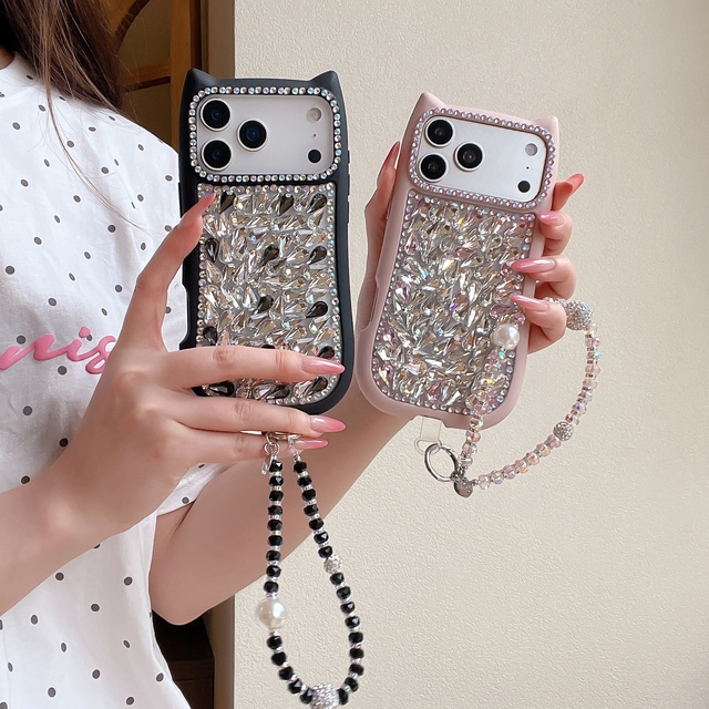 Luxury for 17 16 15 14 Pro Max Hand Strap Mobile Phone Case Rhinestone Protective Cover Fashion Daily Stylish