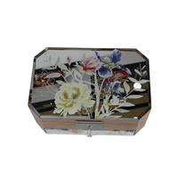Boîte à bijoux en bois octogonale avec dessus en verre imprimé de motifs floraux, rangement multi-couches verrouillable pour bijoux, emballage cadeau personnalisé