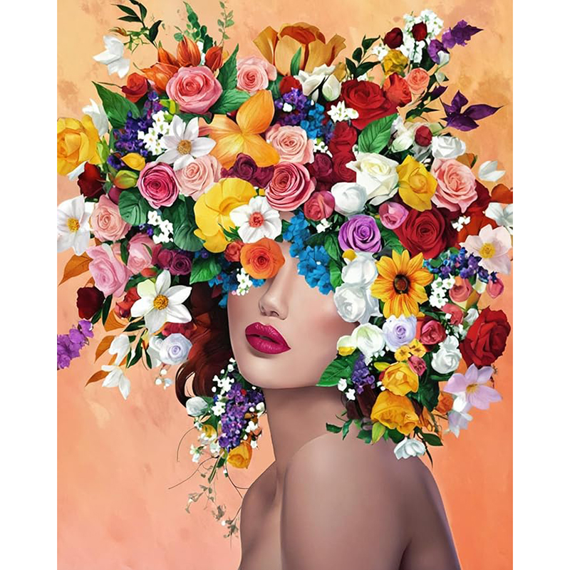 Dame avec tête de fleur-couleur multiple