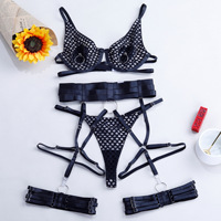 Lencería sexy de mujer picante de gran venta con correas de malla de empalme Conjunto de sujetador sexy y de moda Conjunto de cuatro piezas